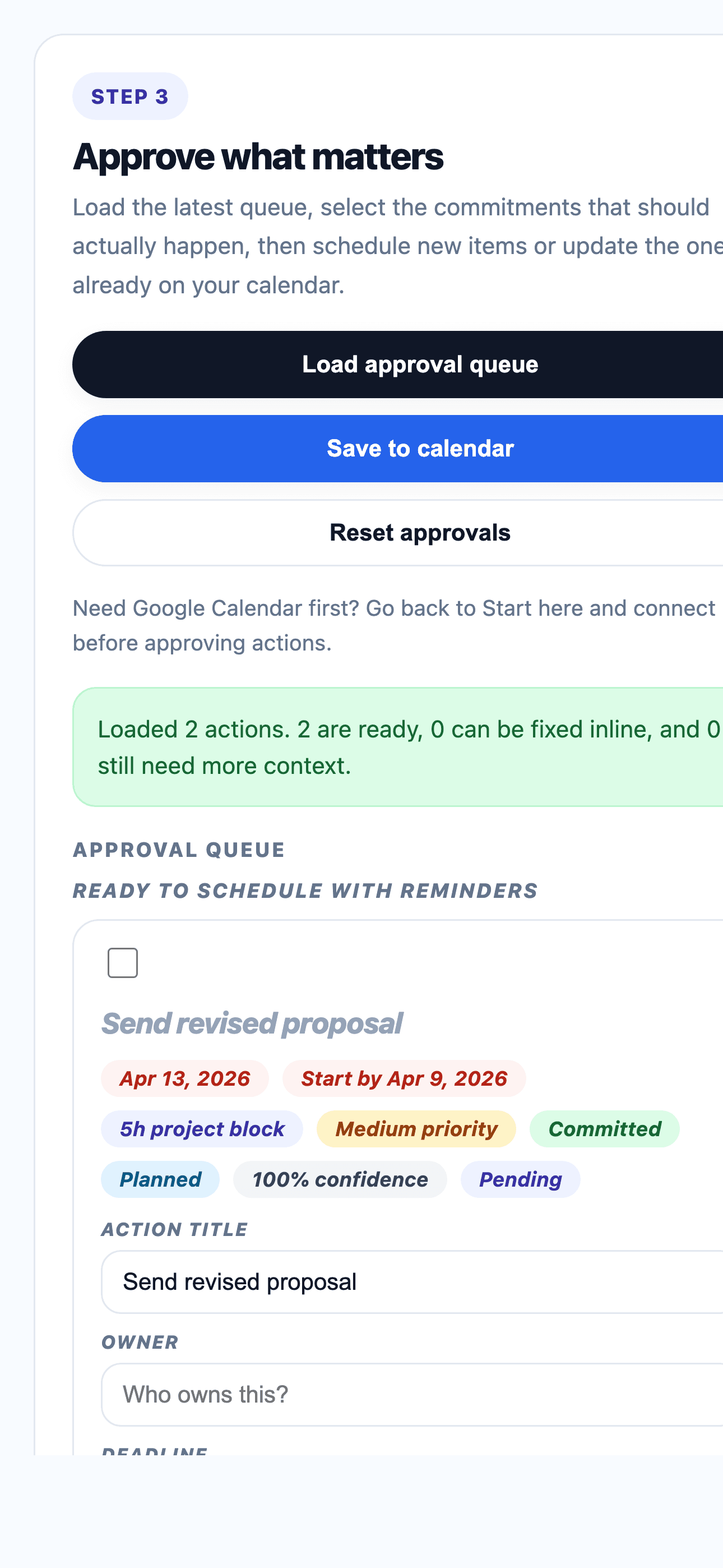 Cadenva review screen showing extracted meeting actions