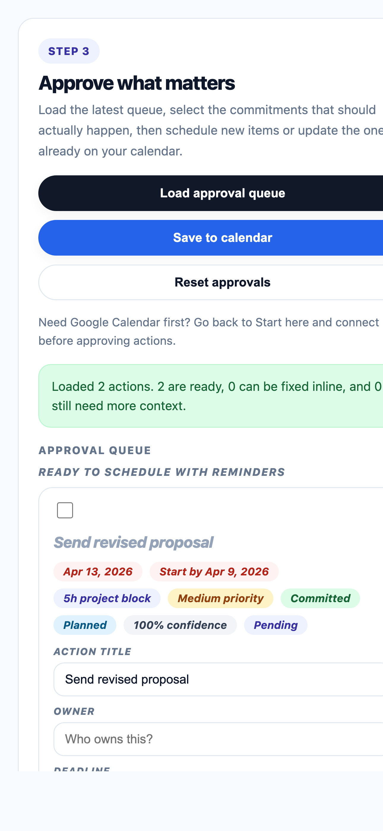 Cadenva approval workflow showing extracted actions, confidence scores, approve controls, and calendar scheduling flow