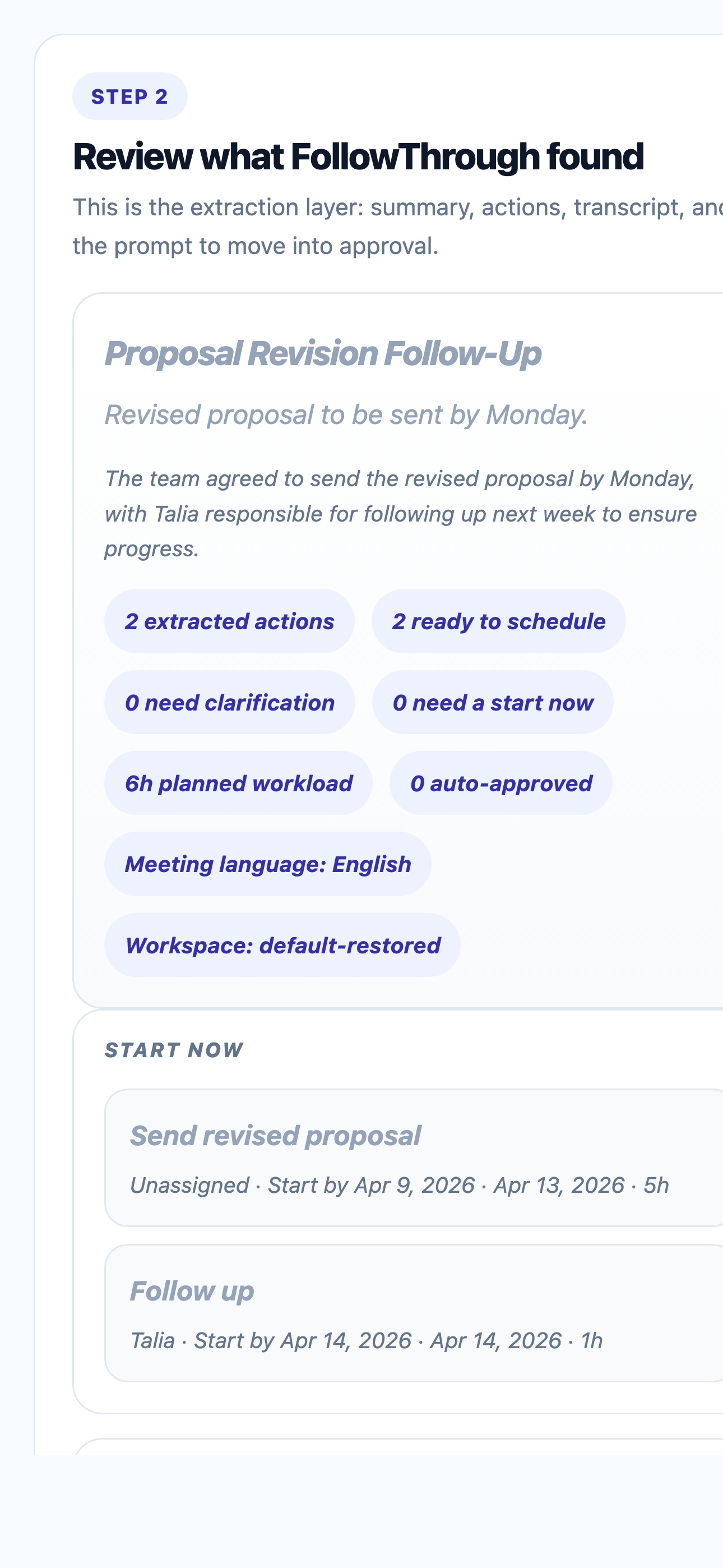 Cadenva meeting upload and extraction workflow with action output