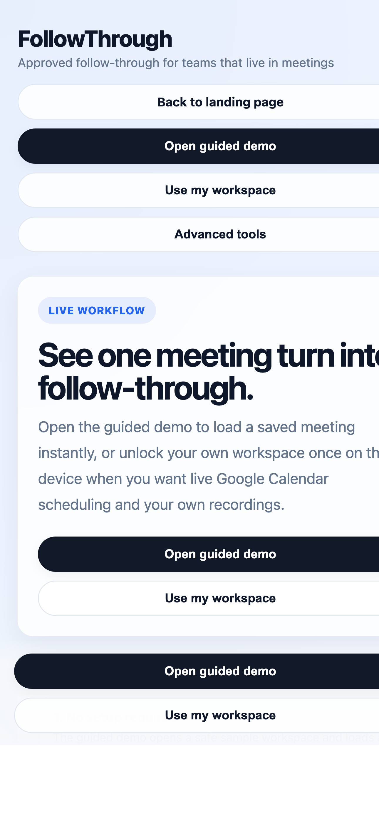 Cadenva start screen showing the guided demo and account entry flow